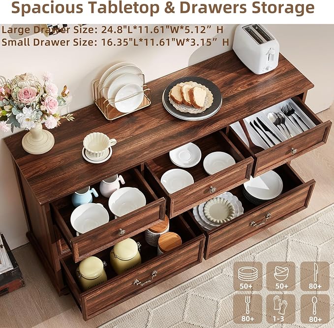 Farmhouse 7 Drawers Dresser Sets of 2 for Bedroom, Brown 54 Inch Wide Chest of Drawers w/ 4 Wooden Legs, Large Vintage Rustic Closet Dressers for Living Room, Wood TV Stand
