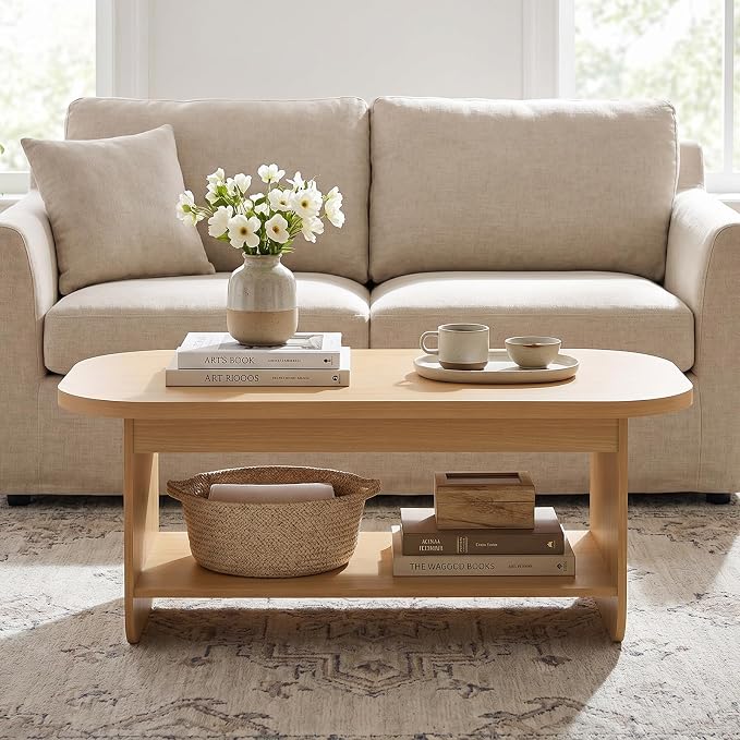 Giantex Oval Coffee Table, 47" Mid Century Modern Center Table with Storage Shelf & Round Corner, 2-Tier Accent Cocktail Tea Table, Wood Coffee Table for Living Room, Small Spaces (Natural)