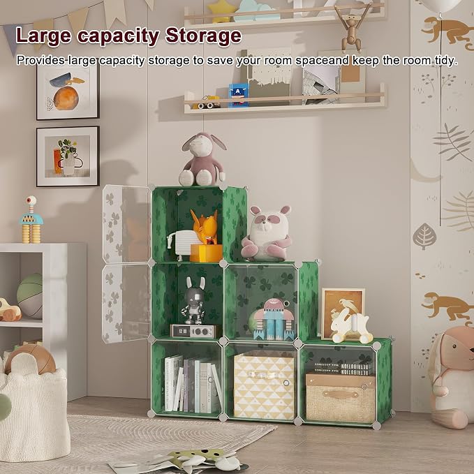 C&AHOME Cube Storage Organizer with Doors, 6-Cube Shelves, DIY Plastic Modular Bookshelf, Closet Clothes Storage Shelving Ideal for Bedroom, Living Room, Clover Embossed, Green