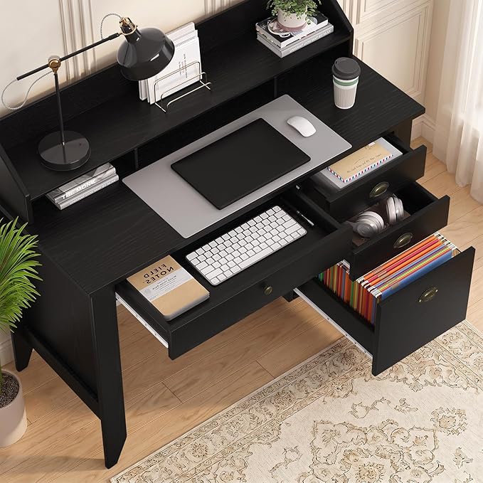 4 EVER WINNER Black Desk with Drawers, Small Desk with File Drawer and Monitor Stand, Computer Desk with Storage, Writing Desk for Bedroom Home Office, Black