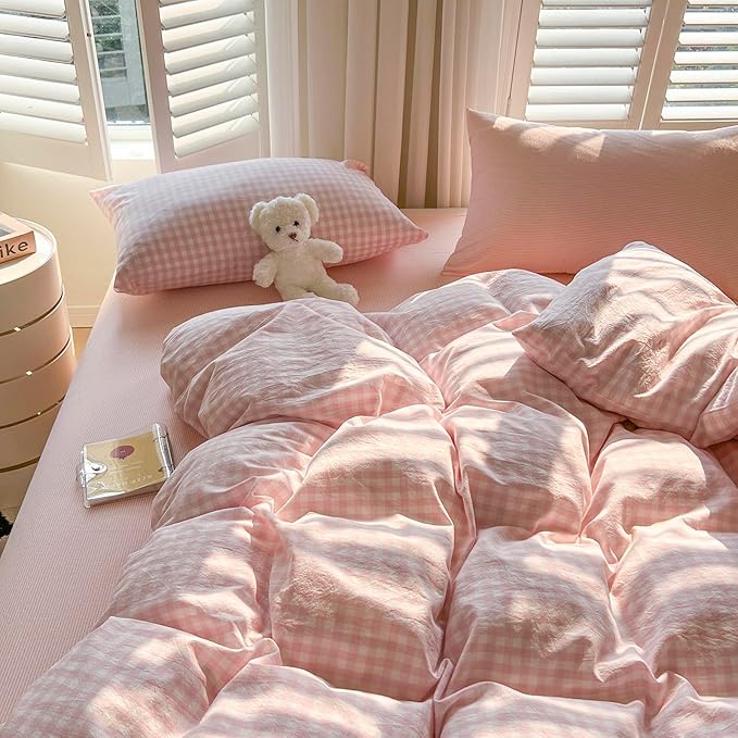 mixinni Light Pink Gingham Duvet Cover Set Twin XL Size - 100% Washed Cotton 3 Piece Plaid Checkered Bedding Set, Soft Comfy Grid Farmhouse Comforter Cover with Zipper Closure & Corner Ties