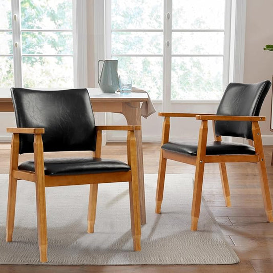 NOBPEINT Mid-Century Dining Side Chair with Faux Leather Seat in Black, Arm Chair in Walnut,Set of 2