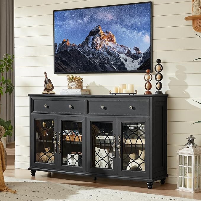 Large Sideboard Buffet Cabinet with Storage,59" Credenza with 4 Glass Doors & 2 Drawers,Adjustable Shelves Coffee Bar,Wood Kitchen Console Table for Dining Room,Living Room,Black