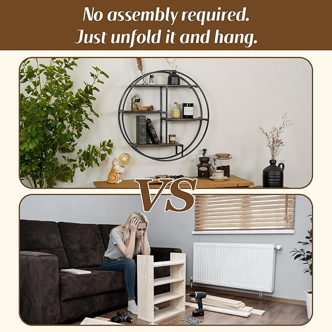 Industrial Style Round Wall Shelves, 3 Tier Decorative Floating Ledge Shelves, Wall Mounted Metal Bracket Wooden Display Hanging Shelf