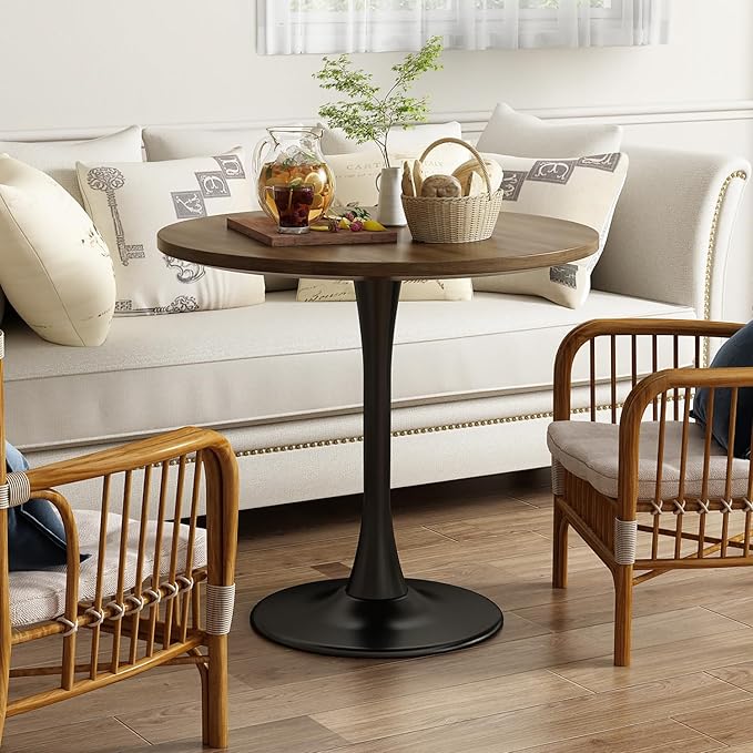 Round Dining Table 31.5" Circle Tulip Table with Wood Thickened Tabletop & Sturdy Metal Pedestal Mid Century Modern Farmhouse Kitchen Tables for 4 Small Places Living Room Cafe,Somber Walnut