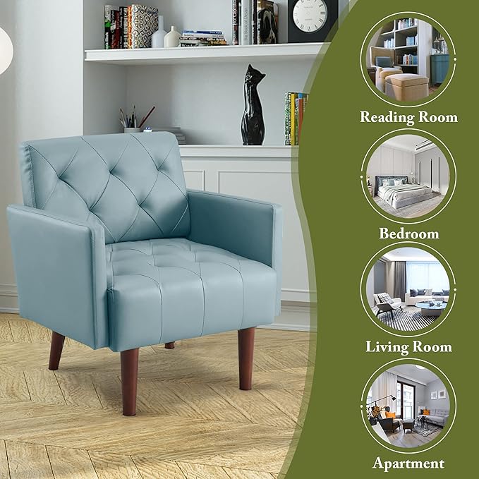 Faux Leather Accent Chair Modern PU Armchair, Retro Tufted Upholstered Arm Chair, Comfy Leather Club Chair Single Sofa for Living Room, Bedroom, Reading Room, Apartment (Blue)