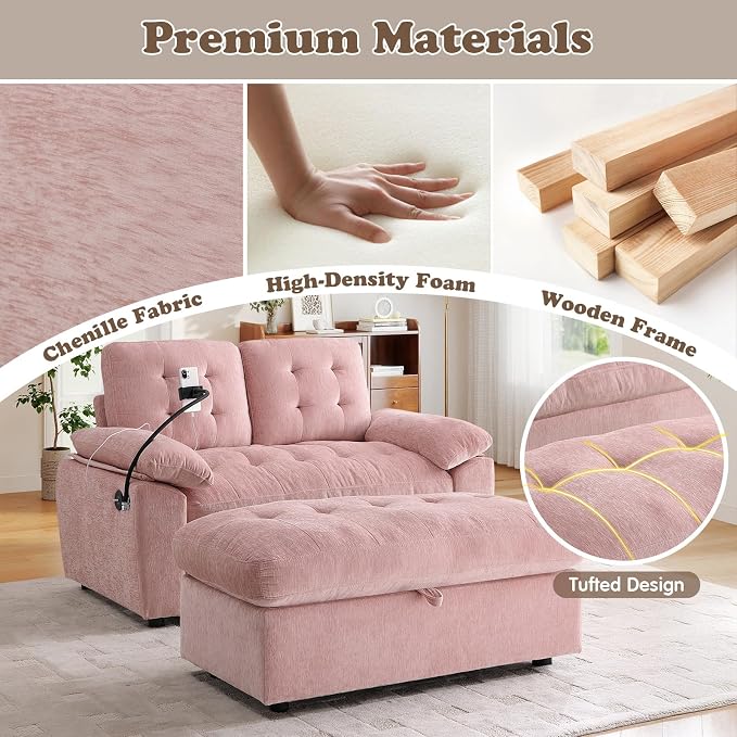 Oversized Chaise Lounge Chair Indoor with Ottoman&Adjustable Backrest,Chenille Tufted Recliner Comfy Loveseat Sofa Chair with USB&Phone Holder,Convertible Sleeper Couch Bed for Living Room(56"W,Pink)