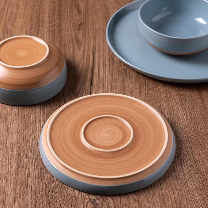 AmorArc Ceramic Dinnerware Sets for 6, 18 Pieces Handpainted Plates and Bowls Set with Rustic Terracotta Underside, Scratch Resistant Stoneware Dishes Set, Dishwasher & Microwave Safe, Stone Blue