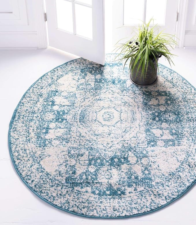 Unique Loom Bromley Collection Area Rug - Wells (8' Round, Turquoise/ Ivory)