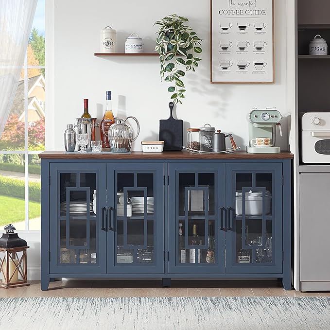 Large Sideboard Buffet Cabinet with Storage, 63" Farmhouse Navy Blue Kitchen Coffee Wine Bar Cabinet with 4 Glass Doors, Mid Century Modern Wood Side Board Table for Dining Room, Living Room