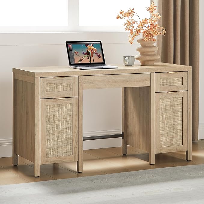 SICOTAS Rattan Executive Desk with Storage - 52" Large Home Office Desk with 3 Drawers and 2 Cabinets, Boho Computer Table for Study, Office, Living Room, Light Oak