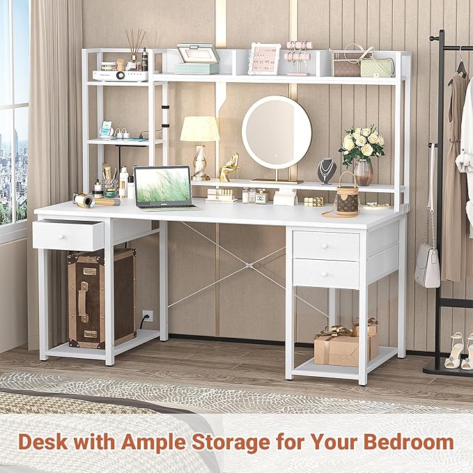 Aheaplus Desk with LED and Outlets, Gaming Desk with Hutch, 55.2'' Computer Desk with Drawers, Reversible Office Desk with Storage Bookshelf Large Workstation Desks with Shelf, Desk for Home, White