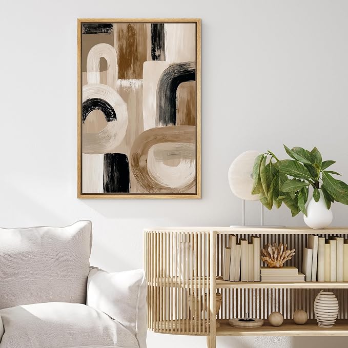 MUDECOR Framed Canvas Print Wall Art Neutral Beige & Black Brushstroke Abstract Illustrations Mid-Century Modern Multicolor for Living Room, Bedroom, Office - 24"x36" NATURAL