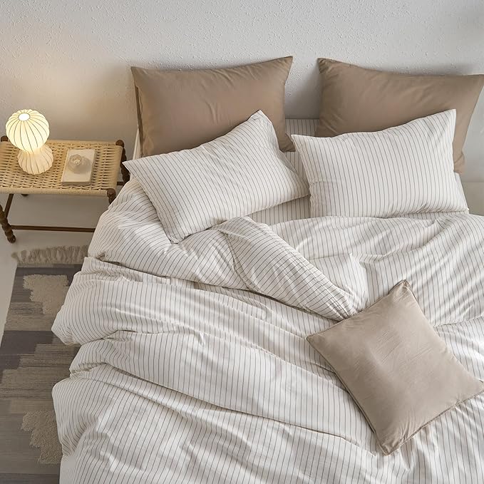 MooMee Striped Duvet Cover Set 100% Washed Cotton Linen Like Textured Breathable Durable Soft Comfy (White Tannish Linen Grey Wide Stripes, Palatial King/Oversized King 120"x98")