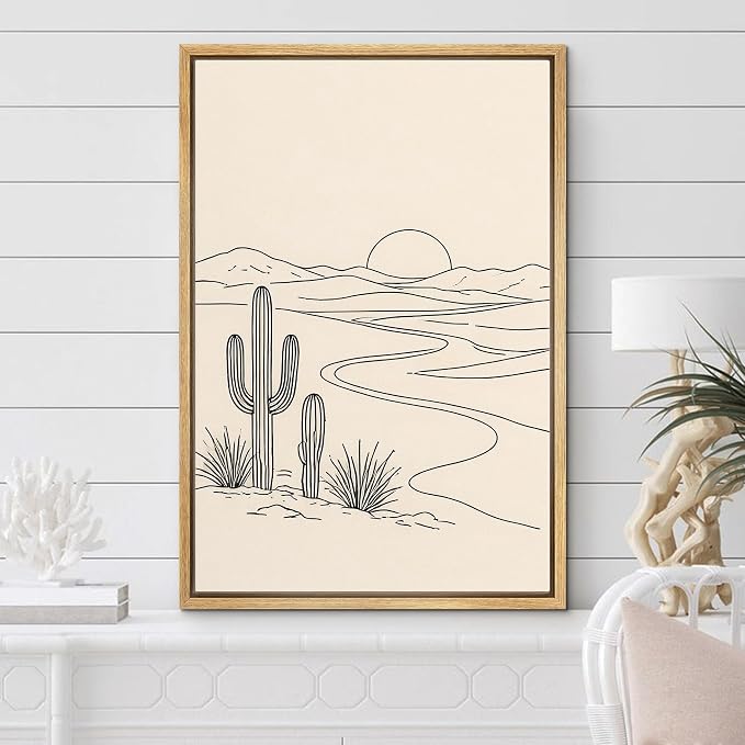 Woodrose Framed Canvas Print Wall Art Minimalist Desert Landscape Line Illustrations Modern Art Minimalist 3D Colorful Ultra for Living Room, Bedroom, Office - 16"x24" NATURAL