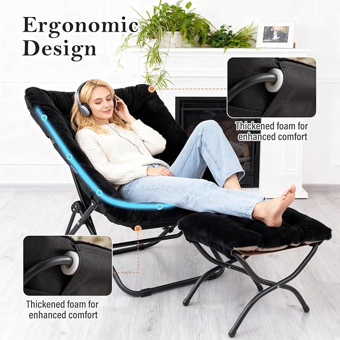 Furlide Oversized Folding Faux Fur Chair with Ottoman, X-Large Soft Saucer Chair, Foldable Metal Frame for Bedroom, Living Room, Balcony (Black)