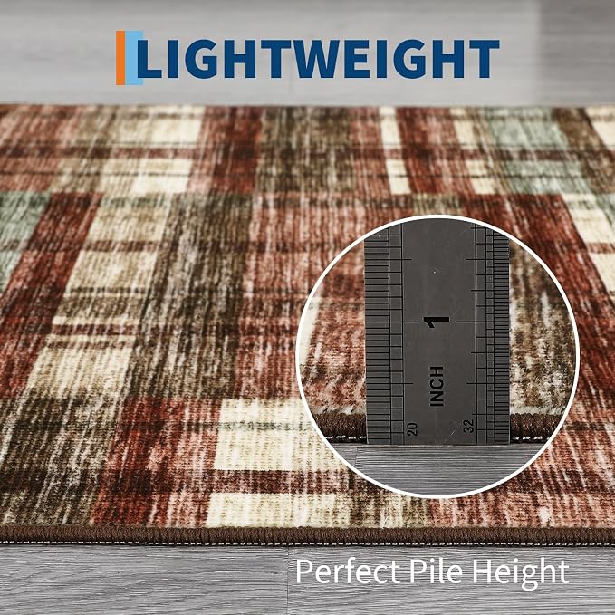 Modern Christmas Rug 9x12 Area Rug for Living Room Washable Rugs Plaid Rug for Bedroom Large Area Rug Non Slip Carpet Stain Resistant Throw Rugs for Dining Room Office Classroom, Red