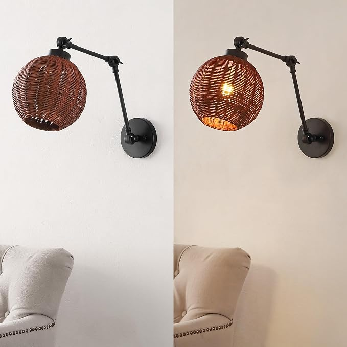 JONATHAN Y 22" Black/Dark Brown 1-Light Rattan and Iron Swing Arm LED Sconce, Mid-Century Vintage Bohemian Globe Wall Lamp, Adjustable Reading Light, LED Bulb Included JYL1604A