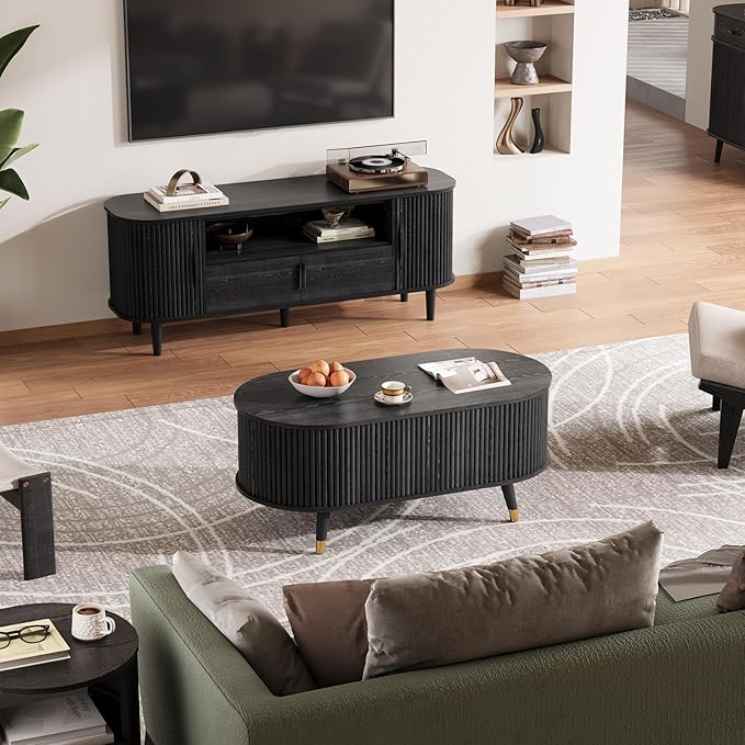 42.5" Oval Lift Top Coffee Table with Storage, Mid Century Modern Black Center Table with Fluted Panel, Solid Wood Legs & Hidden Compartment for Living Room