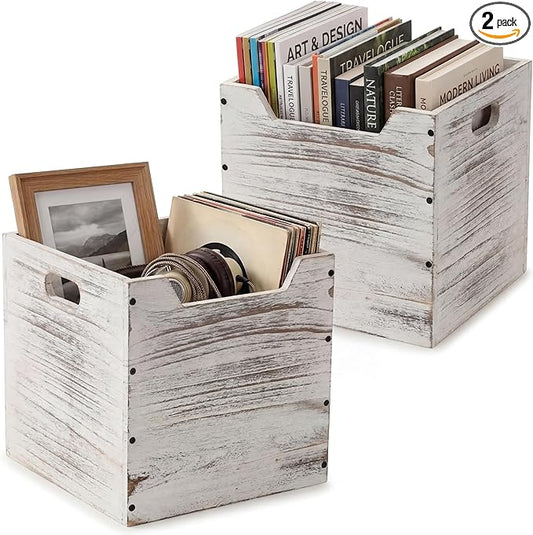 Colingmill 2 Pack Wooden Storage Box Bins Wood Crate with Open Front Stackable Cube Storage Organizer Bins for Books Records Home Pantry Clothes Toy Closet (11 Inch,White)