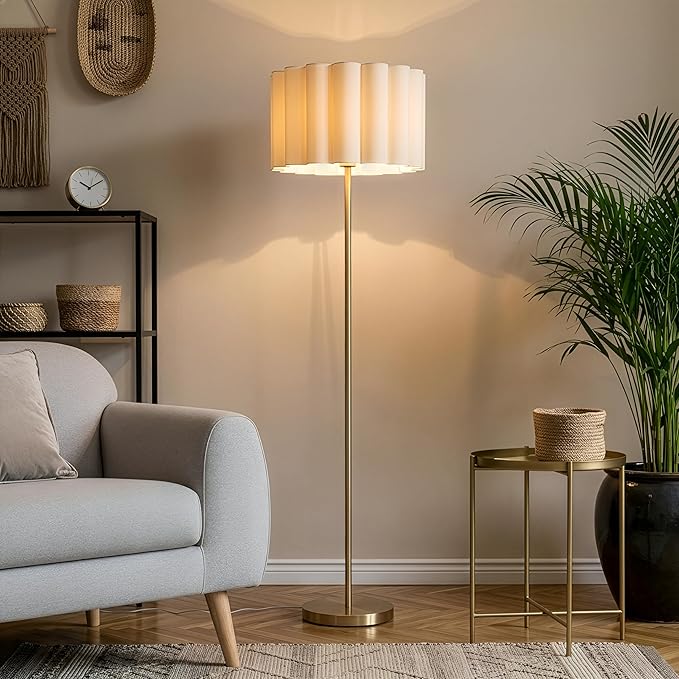Brightech Estelle LED Floor lamp - 65” Tall Standing Floor Lamp - Modern Scalloped Cotton Shade for Boho, Mid-Century, Contemporary Decor - Warm Light for Living Room, Bedroom Office - Gold Brass