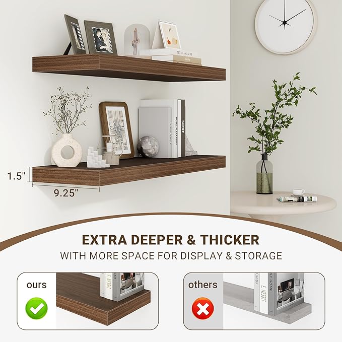 24 Inch Floating Shelves, 24"x9.25"x1.5" Inch Deep Floating Shelves for Wall, Wooden Shelves for Bathroom, Bedroom, Living Room, Walnut, 2 Pieces