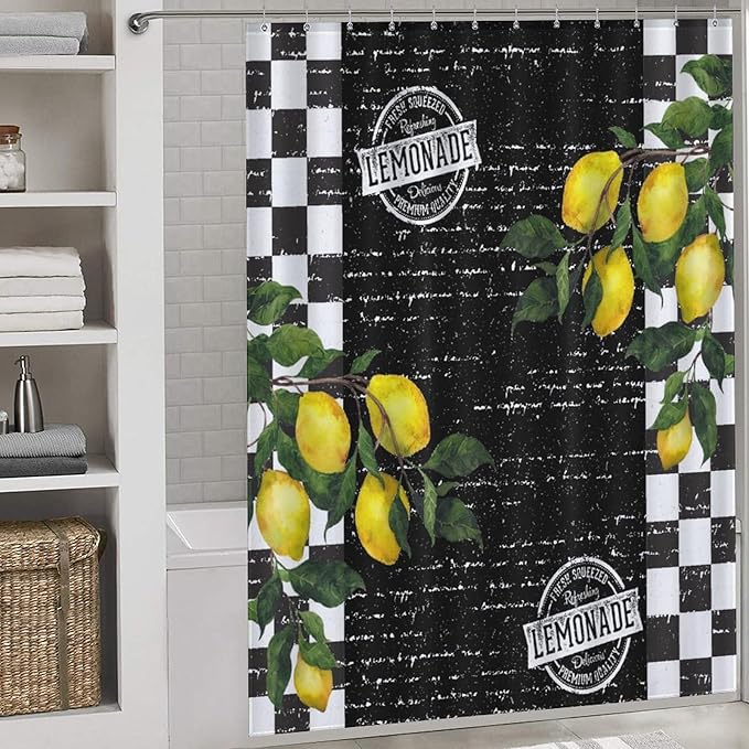 Vintage Lemon Checked Shower Curtains, Black and White Grid Summer Tropical Lemon Waterproof Shower Curtains for Bathroom Decor 12 Pack Hooks 66x72in（168x183cm）