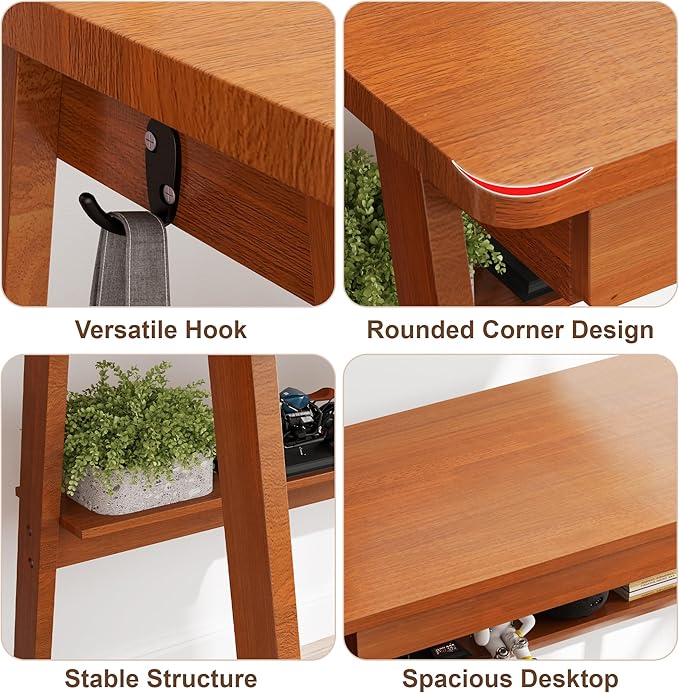 Solid Wood Desk with Drawers - 31.5 Inch Mid Century Modern Desks with Storage Shelf, Small Writing Desk for Small Spaces, Home Office Desks for Bedroom & Home, Walnut Color