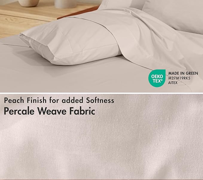 RUVANTI 100% Cotton Percale Sheets Queen Size 6 Piece Set, Cooling Bed Sheets for Hot Sleepers, Deep Pocket 16”, Breathable Lightweight & Durable, Crisp Hotel Style Sheets, Soft Beige