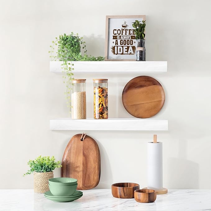 Sorbus Wood Floating Shelves for Wall - 16” Solid Wood Wall Shelves for Bathroom Decor, Books, Bedroom & Living Room - Set of 2 White Wall Mounted Kitchen Shelves - Durable Solid Pine