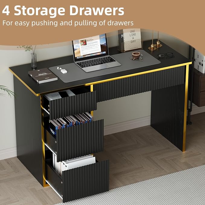 4 EVER WINNER Computer Desk with Drawers, 47'' Fluted Small Desk for Bedroom, Wood Office Desk with File Drawers for Study, Living Room, Black and Gold