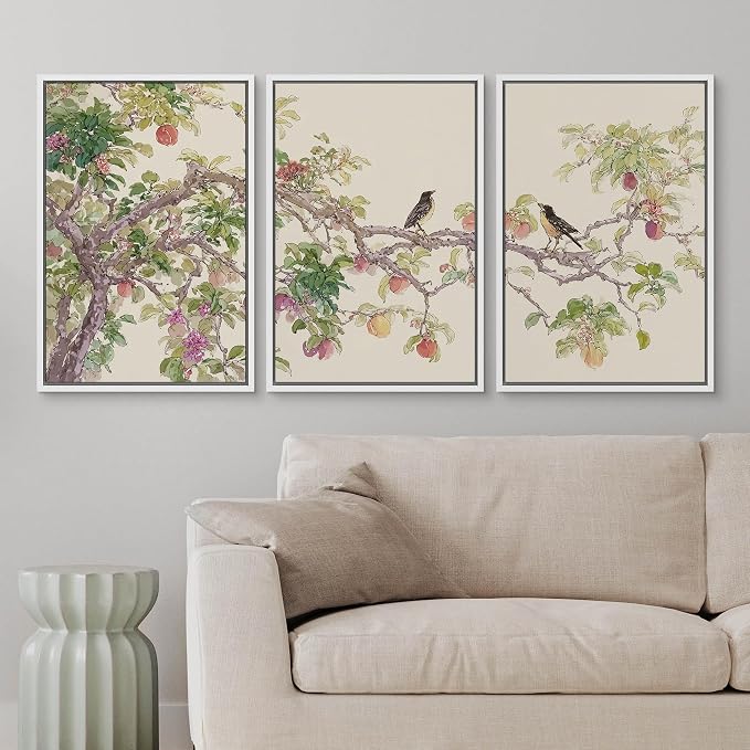 wall26 Framed Print Wall Art Set Watercolor Fruit Tree Branch with Birds Botanical Decorative Minimal Relax/Zen for Living Room, Bedroom, Office - 24"x36"x3 White