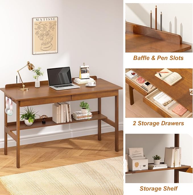 Solid Wood Writing Desk with Drawers, 47" Mid Century Modern Desk, Vintage Home Office Computer Desks and Storage Shelf, Wooden Study Table for Bedroom Small Spaces, Study Makeup Workstation, Walnut