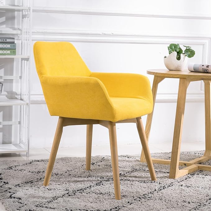 Desk Chair No Wheels Vanity Chair Comfy Accent Chair for Living Dining Room Bedroom Home Office Mid Century Modern Upholstered Armchair(Yellow, 1)