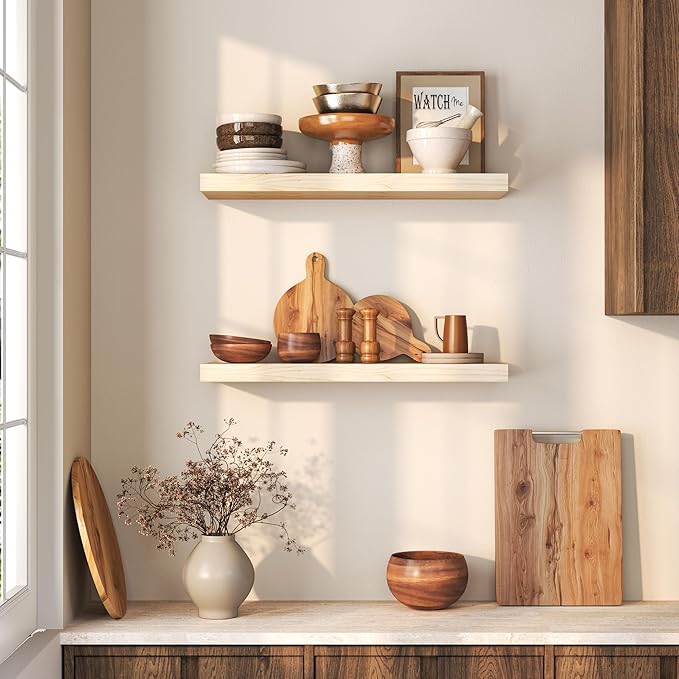Fun Memories Farmhouse Floating Shelves - 8 Inch Deep Rustic Wood Wall Shelf - Premium Solid Wood Storage Shelf - 24" W x 8" D - Set of 2 - No Stain - Natural Unfinished for DIY