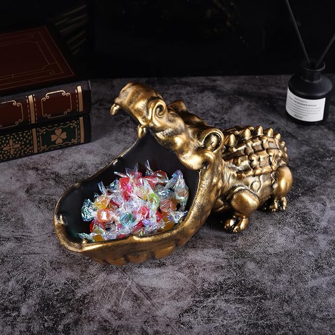 Alligator Statue Key Bowl, Fun Animal Statue Candy Dish for Entryway Decorative Bowl, Office Candy Dish, Big Mouth Sculpture Home Living Room Trinket Container Storage Box (Gold)