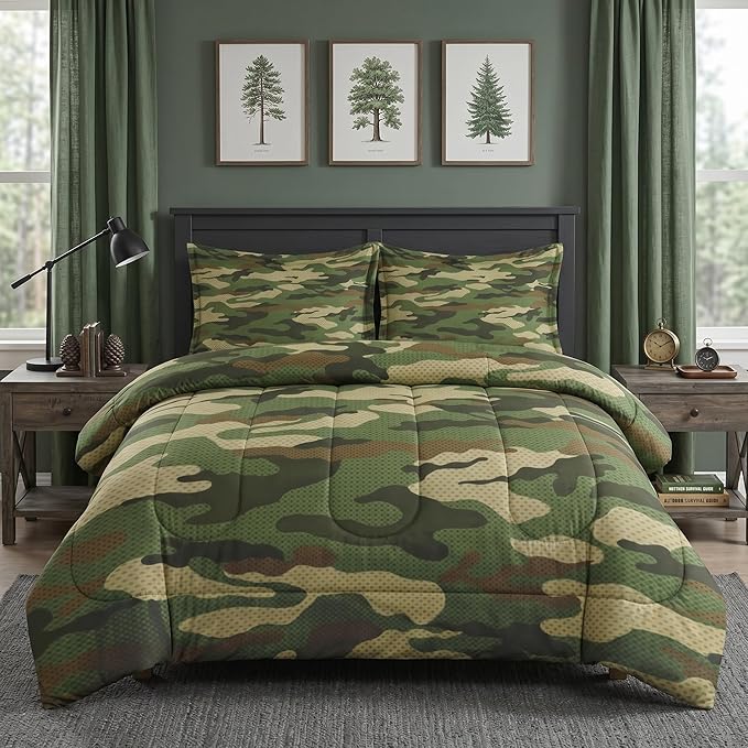Pamnest Comforter Set Twin Size, Military Camouflage Soft 2 Pcs Bedding for Kids and Adults, Army Green Camo Comforter Set with Pillowcase for Bedroom Bed Decor