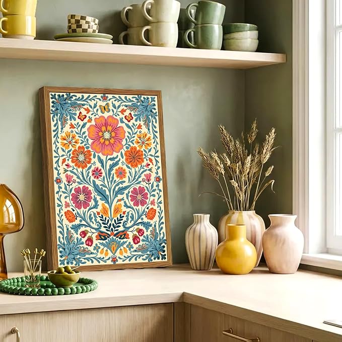 Framed Vintage Mexican Floral Canvas Wall Art, Colorful Folk Flower Wall Decor Pictures, Boho Botanical Painting Prints Rustic Home Decor for Living Room Bedroom 16x24 inch