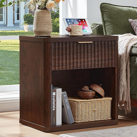 LEYAOYAO Fluted Nightstand with Charging Station, 23" Wide 1 Drawers Night Stand,Walnut End Table with Open Storage,Farmhouse Bed Side Tables, Wood Dresser for Bedroom, Living Room, Closet