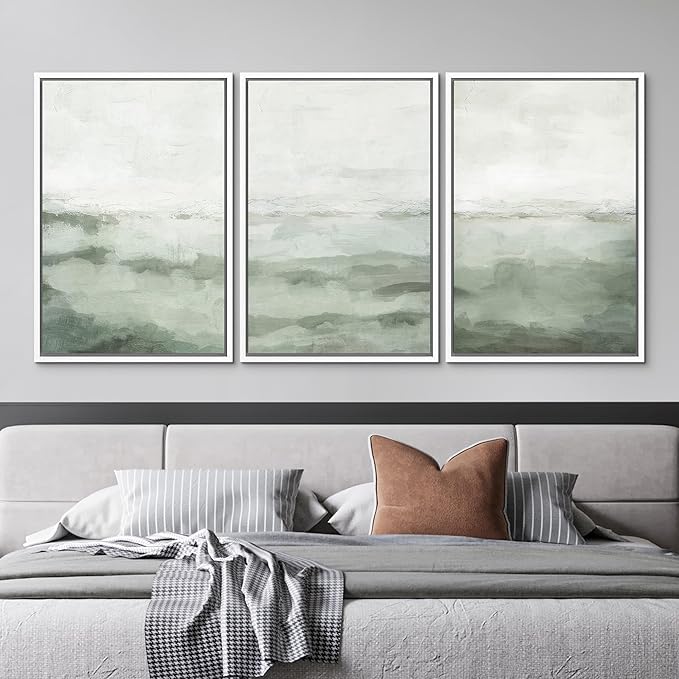 MUDECOR Framed Canvas Print Wall Art Sage Green Abstract Prints Minimalist Modern Wall Art Decor for Bedroom - 24"x36"x3 White