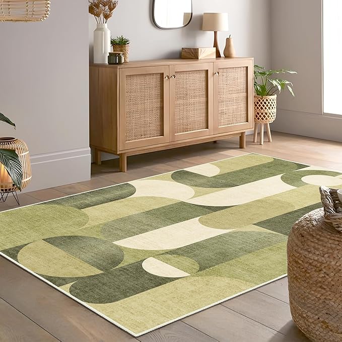 Green Rug 4x6.5 Washable Area Rugs for Bedroom Living Room Kitchen Entryway Bedside,Modern Geometric Non Slip Small Carpet