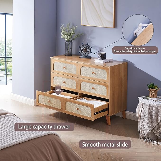 Dresser for Bedroom with 6 Drawers – Wide Chest of Drawers with Pulls Handles, Solid Wood Legs, Easy Assembly, Farmhouse Tall Dressers for Closet, Living Room,Hallway and Entryway Knobs Oak