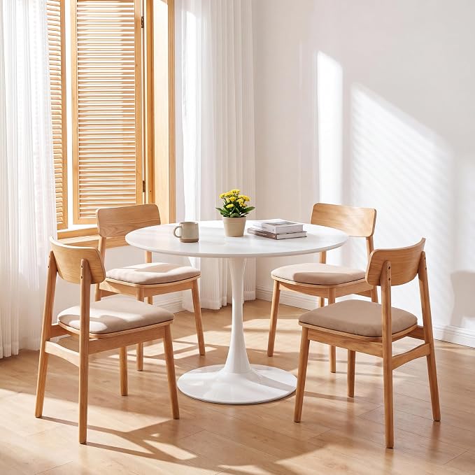 42" Round Tulip Table, Mid-Century Dining Table with Metal Pedestal Base, Modern Leisure Table for Small Space, Kitchen, Dining Room, Easy Assembly, White