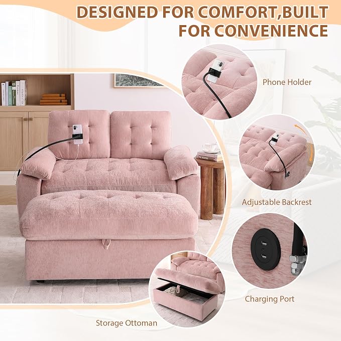 Oversized Chaise Lounge Chair Indoor, Double Convertible Recliner Reading Arm Sofa Chair W/Adjustable Backrest & Charging Port Couch Bed for Living Room, Home Theater & Bedroom, Pink