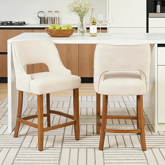 ClinQ Bar Stools Set of 2, 26" H Counter Height Bar Stools with Backs, Modern Upholstered Accent Barstools with Curved Footrest for Kitchen Island, Dining Room and Bar, Beige-Walnut Legs