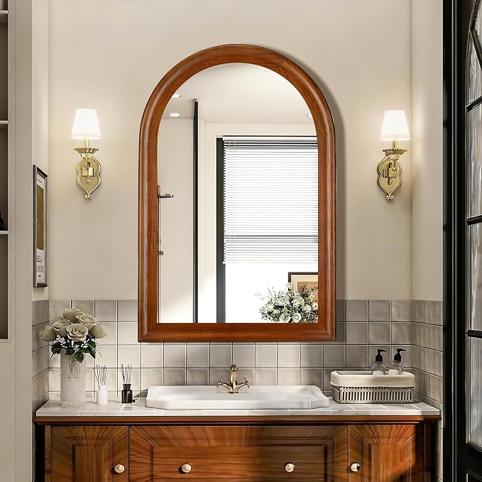 Tanmicoshomy Arched Bathroom Mirrors for Wall 20x30 Inch，Rustic Wood Wall Mirrors with Tempered Glass for Living Room, Bedroom or Entryway(Brown)