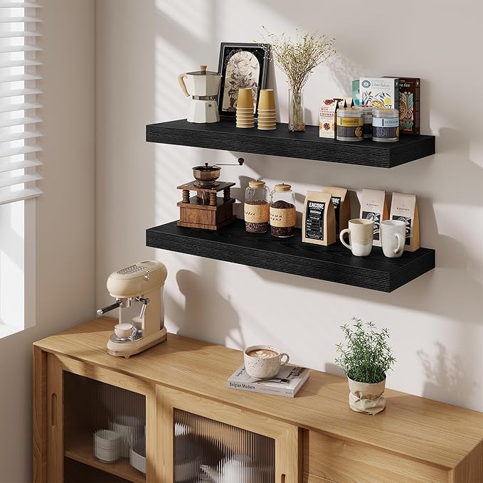 Fun Memories 12" Deep Floating Shelves for Wall, 36" W x 12" D Floating Shelves, Long Wood Floating Wall Shelf for Living Room Bathroom Bedroom Kitchen, Black, Set of 2