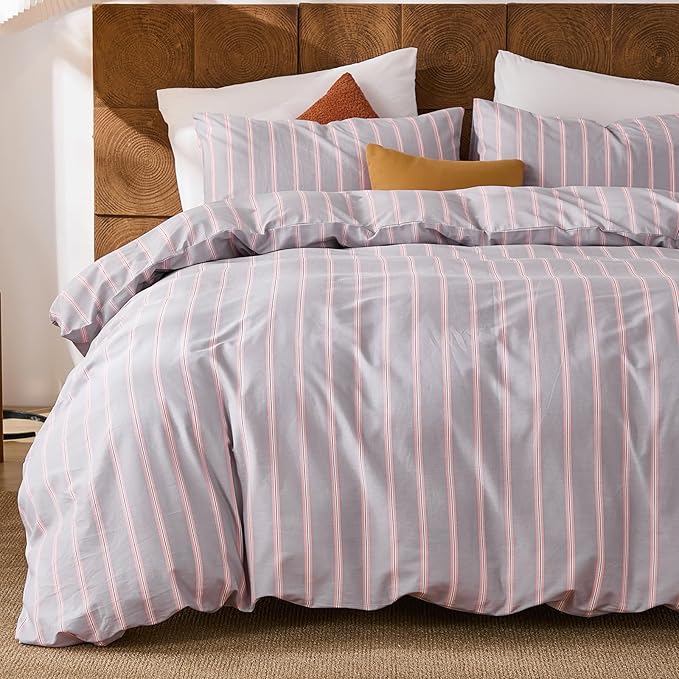 Merryword 100% Cotton Duvet Cover Set Queen Size - Gray and Pink Striped Bedding Set with Zipper & Corner Ties, 3-Piece Luxury Linen Like Bedding Set for All Seasons