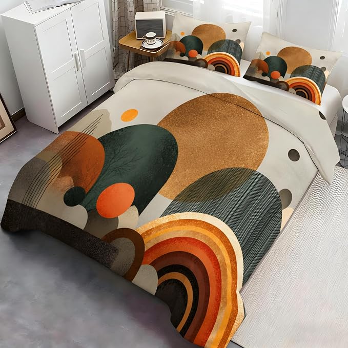 Mid Century Modern Duvet Cover Oversized King, Sun Boho Abstract Bedding Set 3 Piece, Minimalist Geometric Patterned Comforter Cover with Zipper Soft Microfiber, 2 Pillowcases