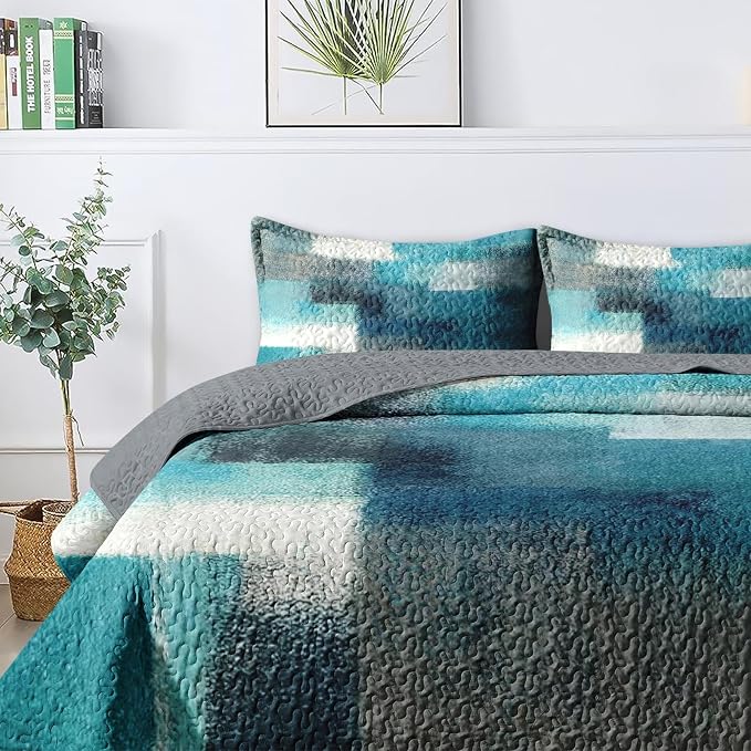 Pamnest Quilt Set Twin Size, Turquoise Grey Painting 2 Pcs Soft Bed Cover Bedding Set for Kids and Adults, Teal Contemporary Gray Lightweight Bedspread Coverlet with Pillow Sham for All Season
